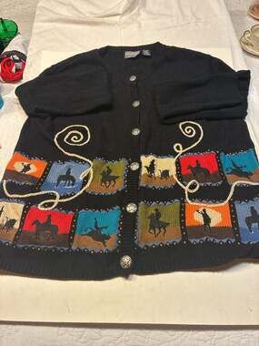 Roughrider by Circle T Vintage Western Rodeo Scene Cardigan Sweater with Star Bu